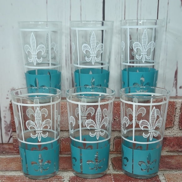 Hazel Atlas Set of 6 Glasses Tumbler White Turquoise 12oz. Highball Fleur-de-Lis - Picture 15 of 16